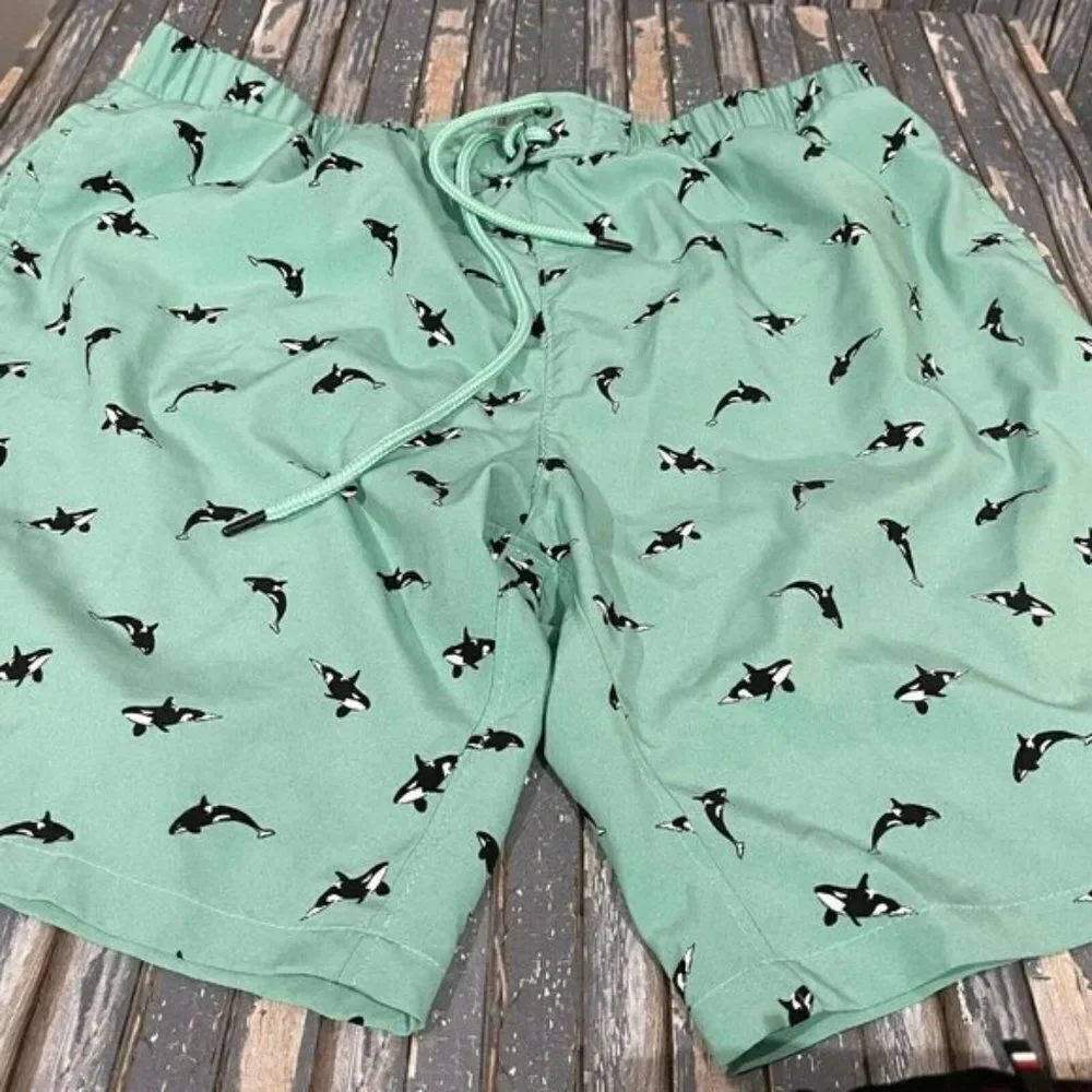 Place Sport Kids Fish Green Drawstring Waist Swim Shorts Trunks Sz Large